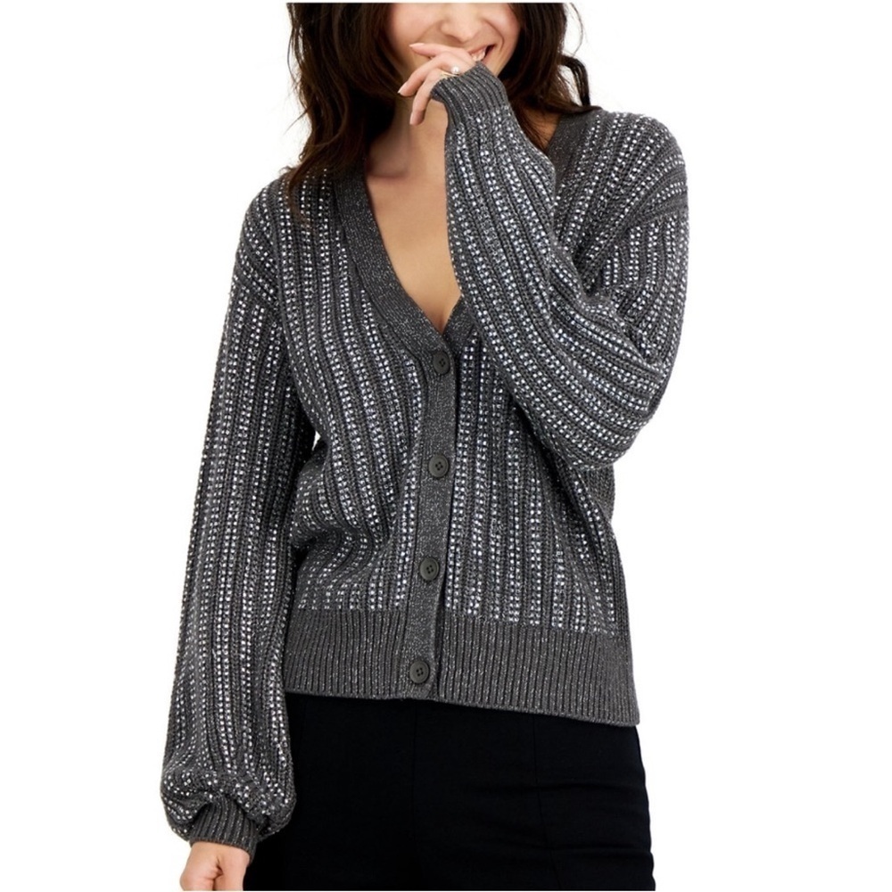 INC International Concepts Charcoal Rhinestone Shine Button-Up Cardigan-Size L